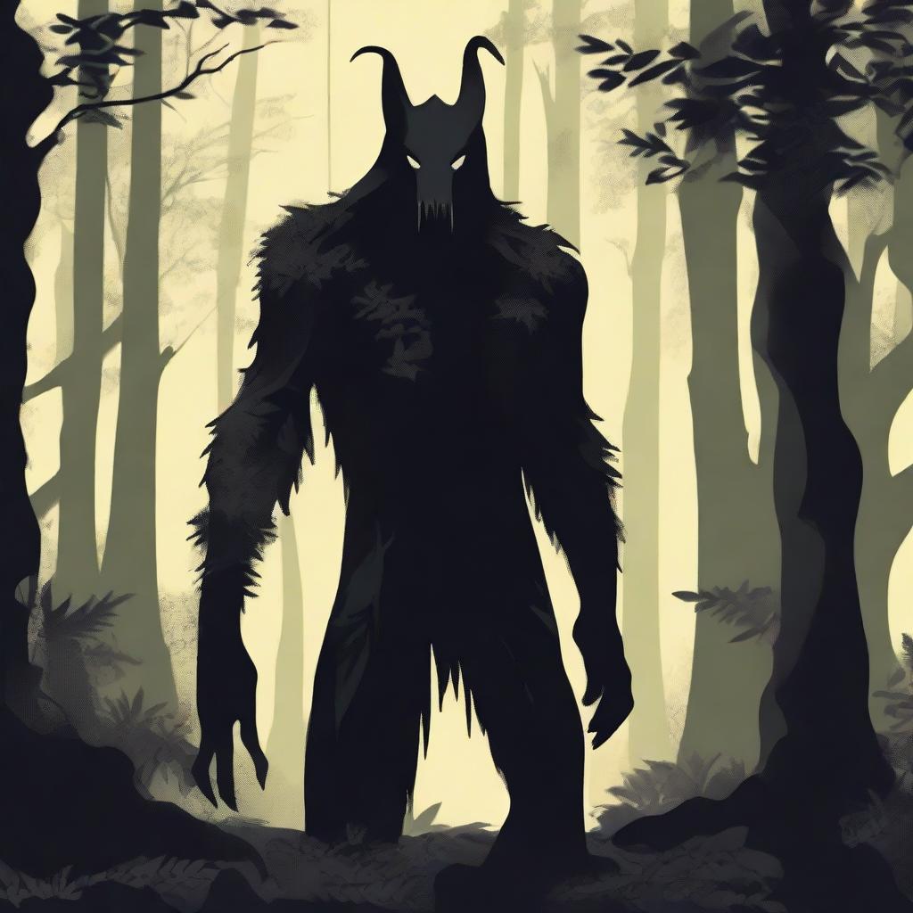 A mysterious creature known as the Hidebehind lurking behind a dense forest of tall, dark trees