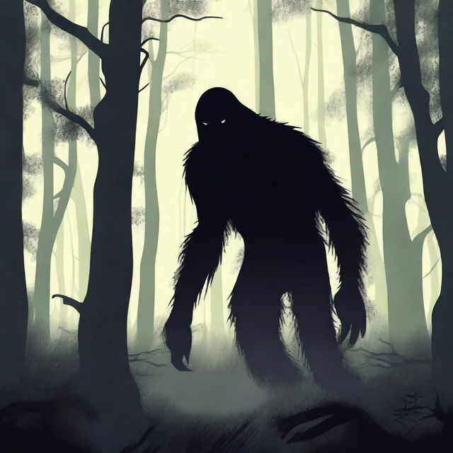 A mysterious creature known as the Hidebehind lurking behind a dense forest of tall, dark trees