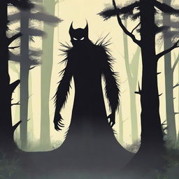 A mysterious creature known as the Hidebehind lurking behind a dense forest of tall, dark trees