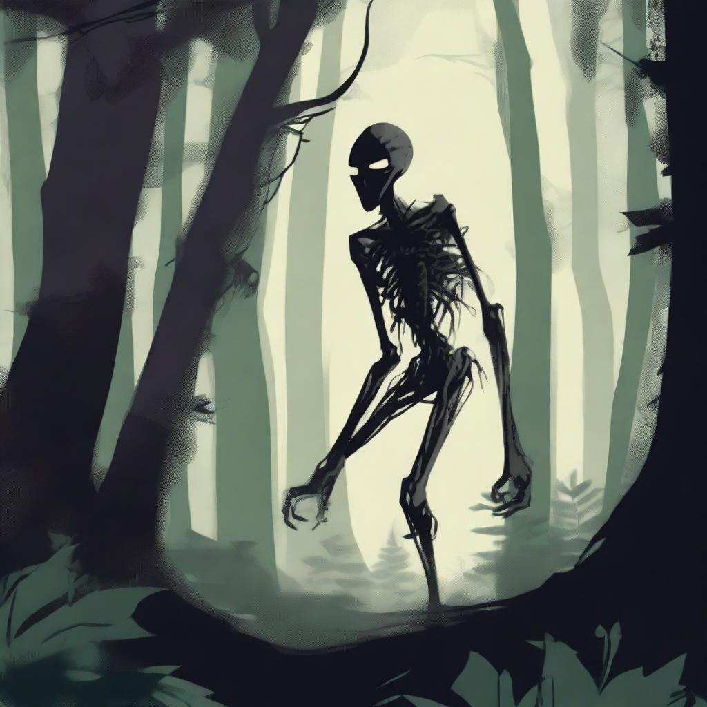 A skinny, mysterious creature known as the Hidebehind hiding behind tall trees in a dense forest