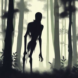 A skinny, mysterious creature known as the Hidebehind hiding behind tall trees in a dense forest