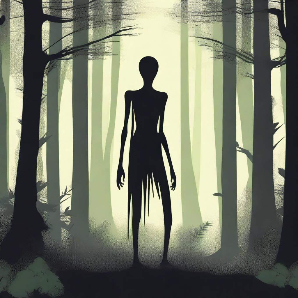 A skinny, mysterious creature known as the Hidebehind hiding behind tall trees in a dense forest