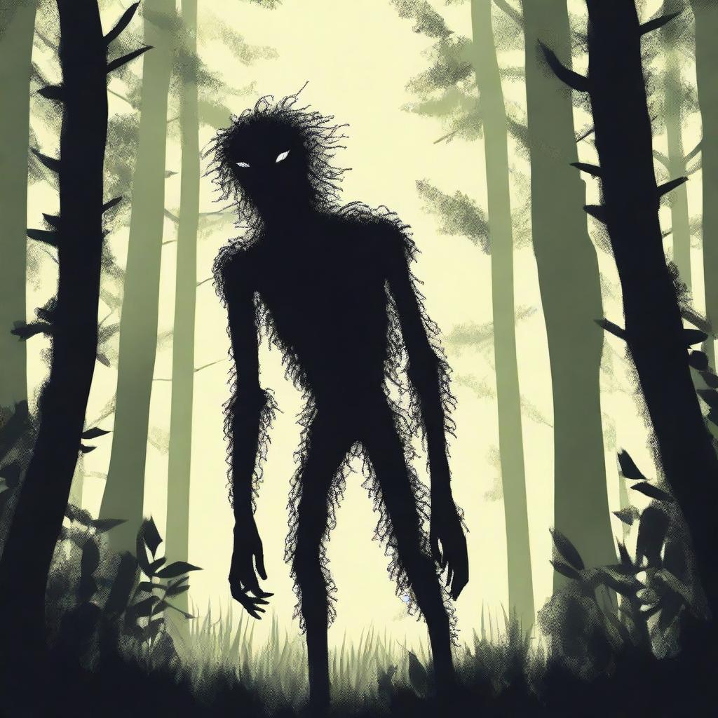 A skinny, hairy, mysterious creature known as the Hidebehind hiding behind tall trees in a dense forest