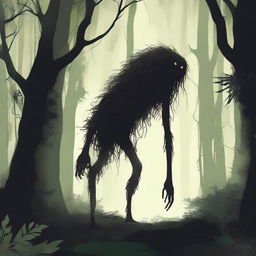 A skinny, hairy, mysterious creature known as the Hidebehind hiding behind tall trees in a dense forest