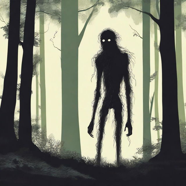 A skinny, hairy, mysterious creature known as the Hidebehind hiding behind tall trees in a dense forest