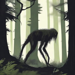 A skinny, hairy, mysterious creature known as the Hidebehind hiding behind tall trees in a dense forest