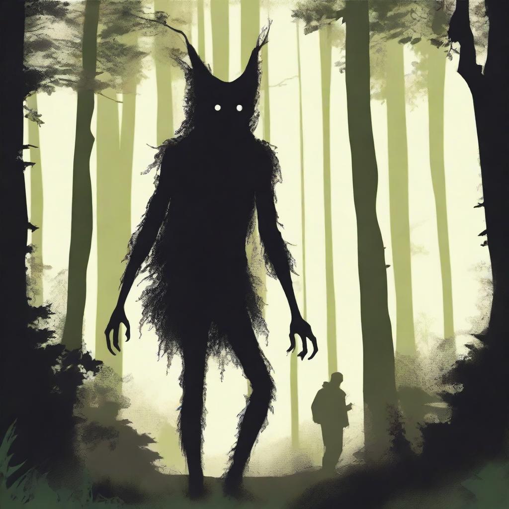 A skinny, hairy, mysterious creature known as the Hidebehind hiding behind tall trees in a dense forest