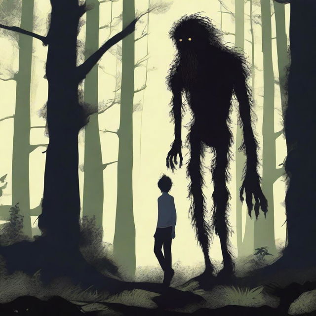 A skinny, hairy, mysterious creature known as the Hidebehind hiding behind tall trees in a dense forest