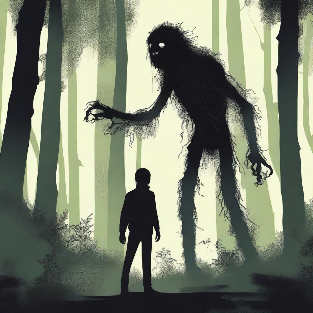 A skinny, hairy, mysterious creature known as the Hidebehind hiding behind tall trees in a dense forest