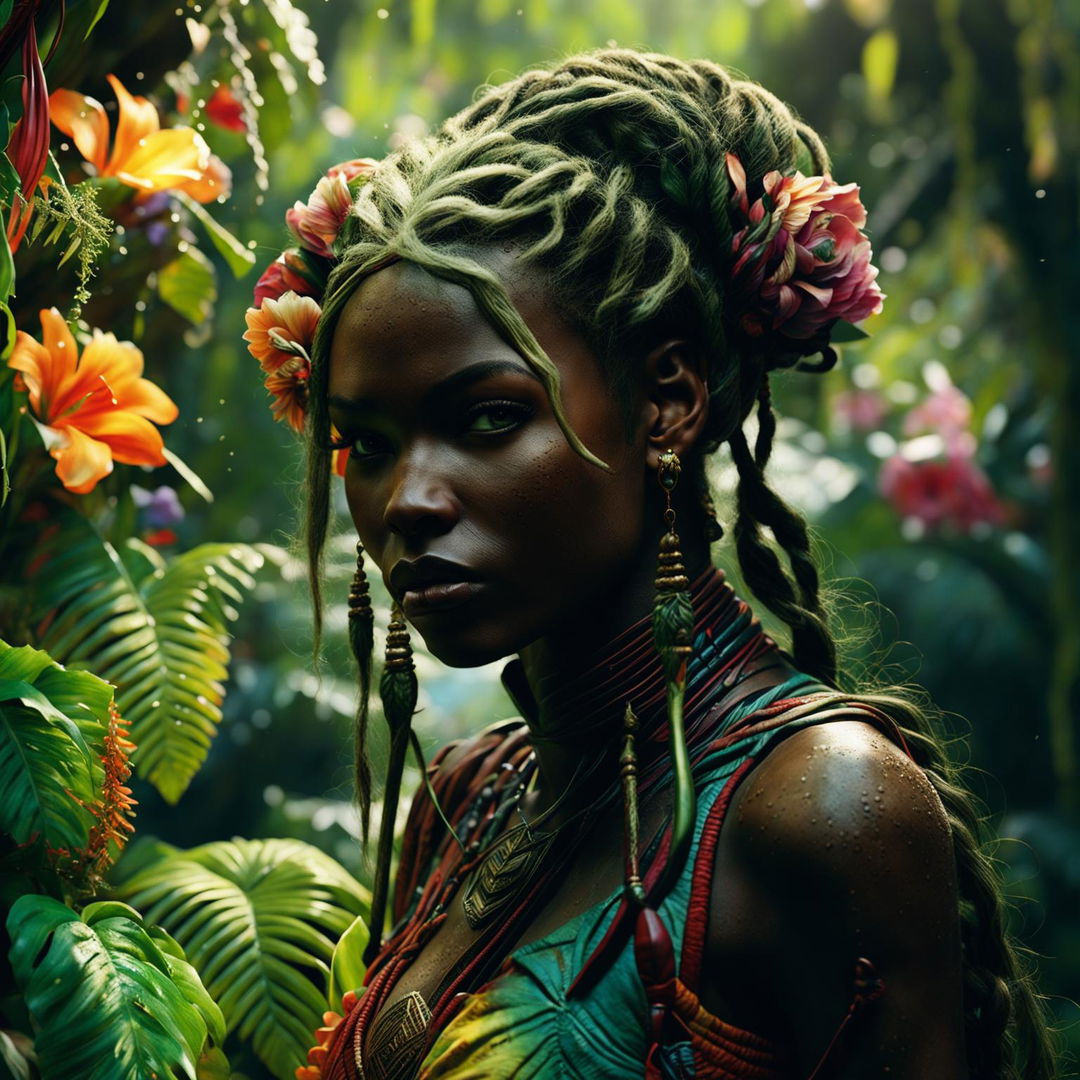 Hyper-realistic 3D image of a zoomed-out view of a different African elf woman with braids in a rococo outfit, standing in a vibrant, magical African jungle. Her face is more intricately detailed, and the image is shot with an intense, immaculate composition and lighting.