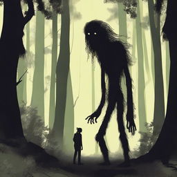 A skinny, hairy, mysterious creature known as the Hidebehind hiding behind tall trees in a dense forest