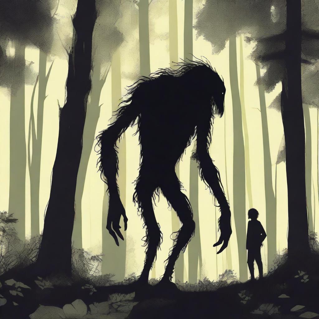 A skinny, hairy, mysterious creature known as the Hidebehind hiding behind tall trees in a dense forest