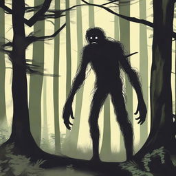 A skinny, hairy, mysterious creature known as the Hidebehind hiding behind tall trees in a dense forest