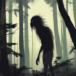 A skinny, hairy, mysterious creature known as the Hidebehind hiding behind tall trees in a dense forest