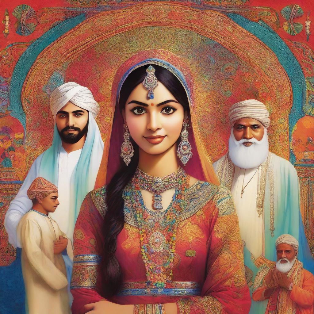 A depiction of a beautiful Hindu girl surrounded by Muslim Sheikhs, featuring traditional attire and cultural elements