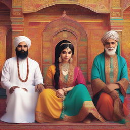 A depiction of a beautiful Hindu girl surrounded by Muslim Sheikhs, featuring traditional attire and cultural elements