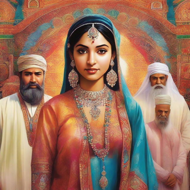 A depiction of a beautiful Hindu girl surrounded by Muslim Sheikhs, featuring traditional attire and cultural elements