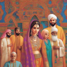 A depiction of a beautiful Hindu girl surrounded by Muslim Sheikhs, featuring traditional attire and cultural elements