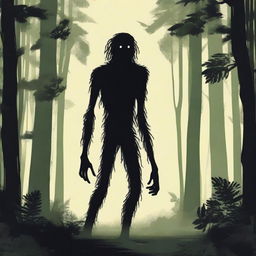 A skinny, hairy, mysterious creature known as the Hidebehind hiding behind tall trees in a dense forest