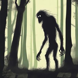 A skinny, hairy, mysterious creature known as the Hidebehind hiding behind tall trees in a dense forest