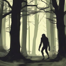 A skinny, hairy, mysterious creature known as the Hidebehind hiding behind tall trees in a dense forest