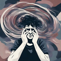 A person experiencing an anxiety crisis, holding their head in their hands, surrounded by chaotic and overwhelming elements like swirling lines and dark clouds symbolizing their mental state