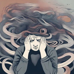 A person experiencing an anxiety crisis, holding their head in their hands, surrounded by chaotic and overwhelming elements like swirling lines and dark clouds symbolizing their mental state