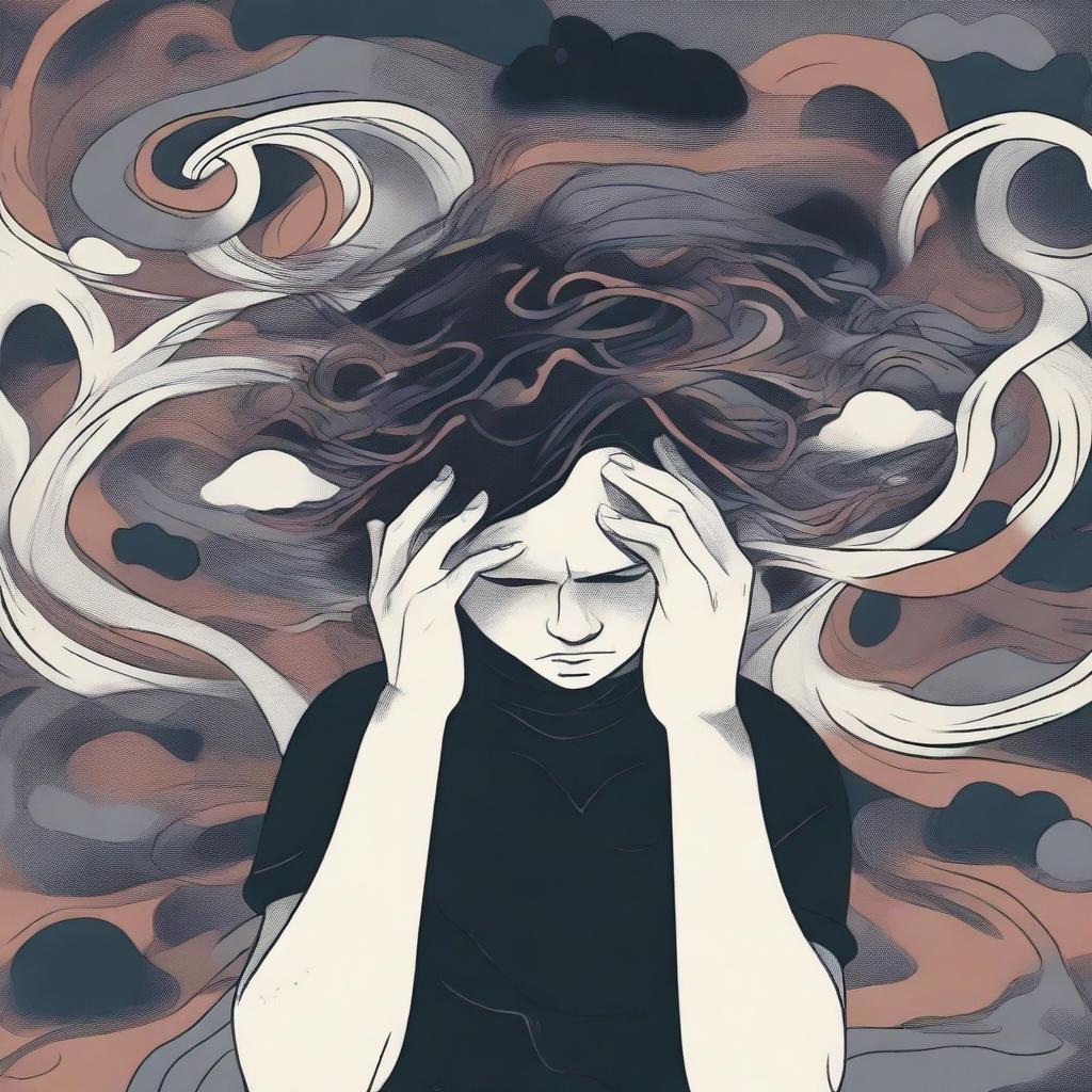 A person experiencing an anxiety crisis, holding their head in their hands, surrounded by chaotic and overwhelming elements like swirling lines and dark clouds symbolizing their mental state