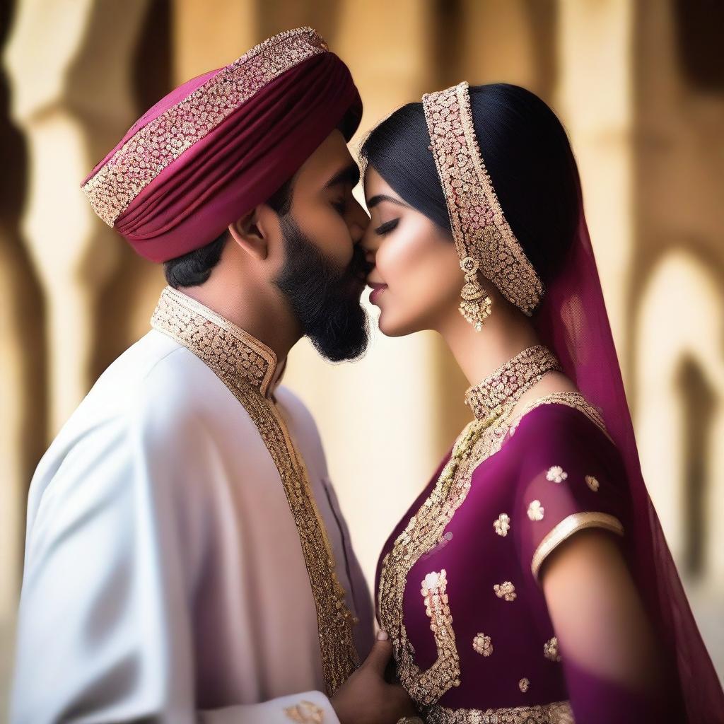 A romantic scene featuring a beautiful Hindu girl and a Muslim Sheikh sharing a kiss