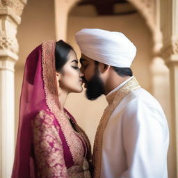 A romantic scene featuring a beautiful Hindu girl and a Muslim Sheikh sharing a kiss