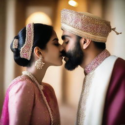 A romantic scene featuring a beautiful Hindu girl and a Muslim Sheikh sharing a kiss