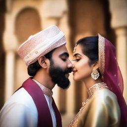 A romantic scene featuring a beautiful Hindu girl and a Muslim Sheikh sharing a kiss