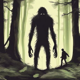 A skinny, hairy, mysterious creature known as the Hidebehind hiding behind tall trees in a dense forest