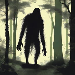 A skinny, hairy, mysterious creature known as the Hidebehind hiding behind tall trees in a dense forest