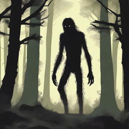 A skinny, hairy, mysterious creature known as the Hidebehind hiding behind tall trees in a dense forest