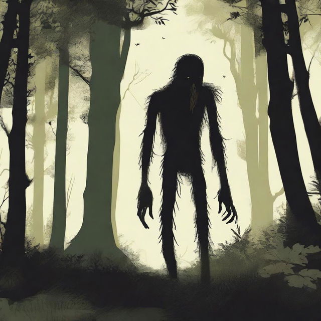 A skinny, hairy, mysterious creature known as the Hidebehind hiding behind tall trees in a dense forest