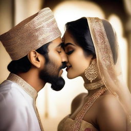 A romantic scene featuring a beautiful Hindu girl and a Muslim man sharing a kiss