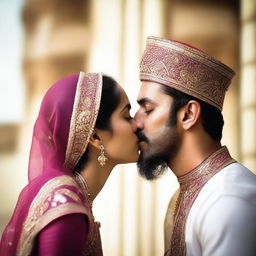 A romantic scene featuring a beautiful Hindu girl and a Muslim man sharing a kiss