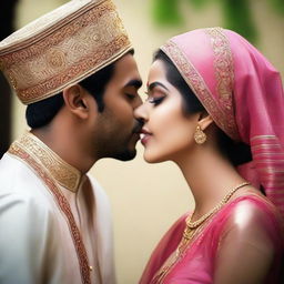 A romantic scene featuring a beautiful Hindu girl and a Muslim man sharing a kiss