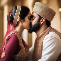 A romantic scene featuring a beautiful Hindu girl and a Muslim man sharing a kiss