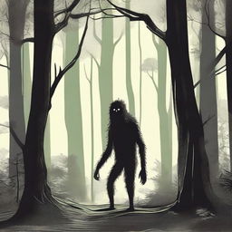 A depiction of a Hidebehind, a skinny and hairy creature, hiding behind trees in a dense forest