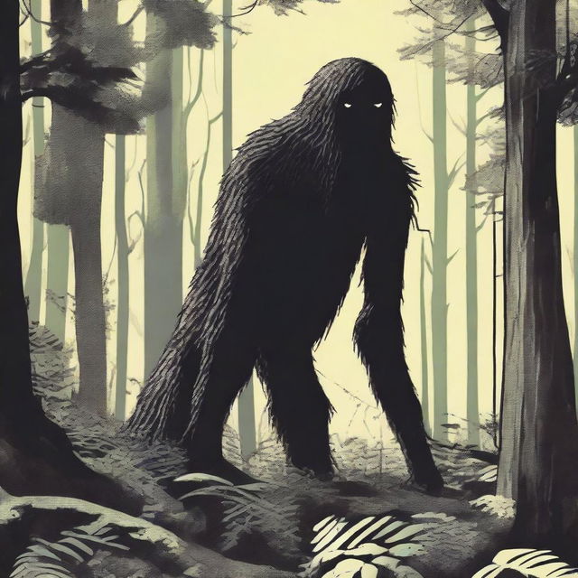 A depiction of a Hidebehind, a skinny and hairy creature, hiding behind trees in a dense forest