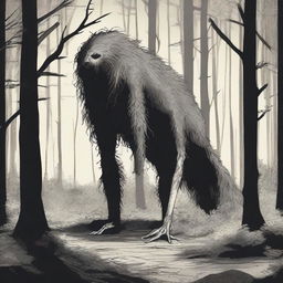 A depiction of a Hidebehind, a skinny and hairy creature, hiding behind trees in a dense forest