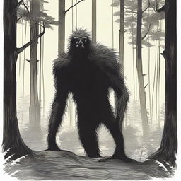 A depiction of a Hidebehind, a skinny and hairy creature, hiding behind trees in a dense forest