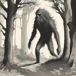 A depiction of a Hidebehind, a mythical creature, characterized by its skinny, hairy appearance, hiding behind trees