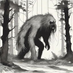 A depiction of a Hidebehind, a mythical creature, characterized by its skinny, hairy appearance, hiding behind trees