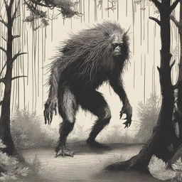 A depiction of a Hidebehind, a mythical creature, characterized by its skinny, hairy appearance, hiding behind trees