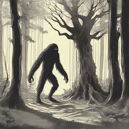 A depiction of a Hidebehind, a mythical creature known for its skinny and hairy appearance, hiding behind trees in a dense forest