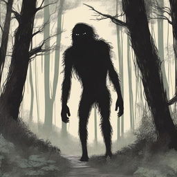 A depiction of a Hidebehind, a mythical creature known for its skinny and hairy appearance, hiding behind trees in a dense forest