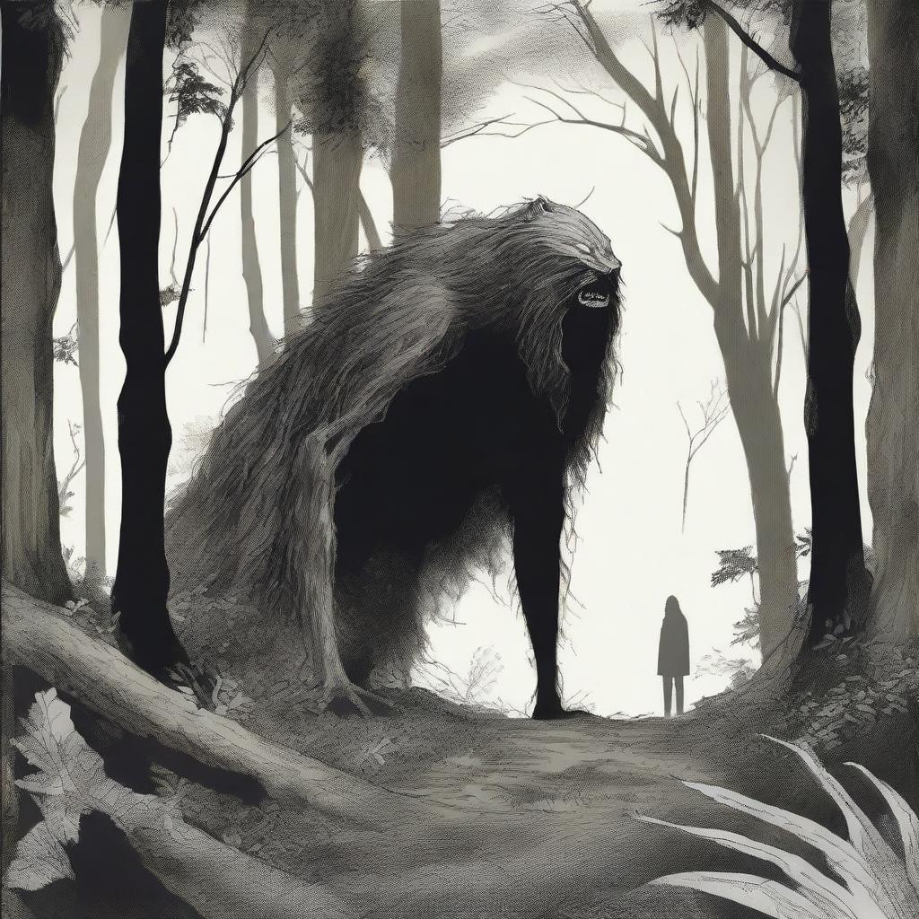 A depiction of a Hidebehind, a mythical creature known for its skinny and hairy appearance, hiding behind trees in a dense forest